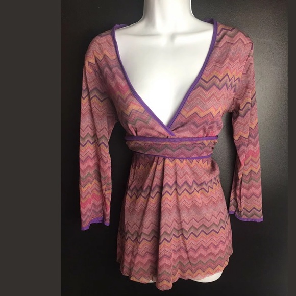 SWEET PEA Mesh Blouse Top Shirt Chevron Zig Zag Geo Pink Purple VNeck Stacy Frat - Picture 1 of 8
